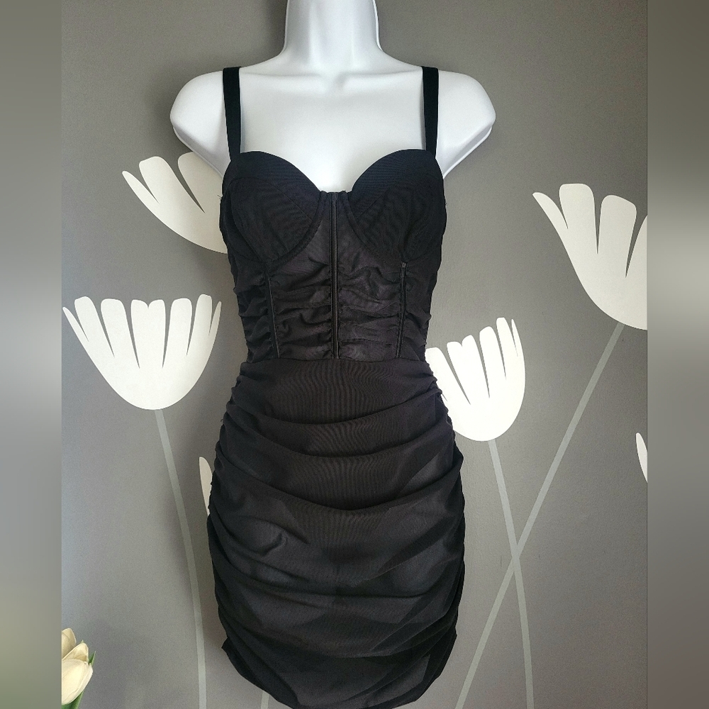 NWOT Leau Mesh Bodycon Corset Mini Dress Black Size Medium
